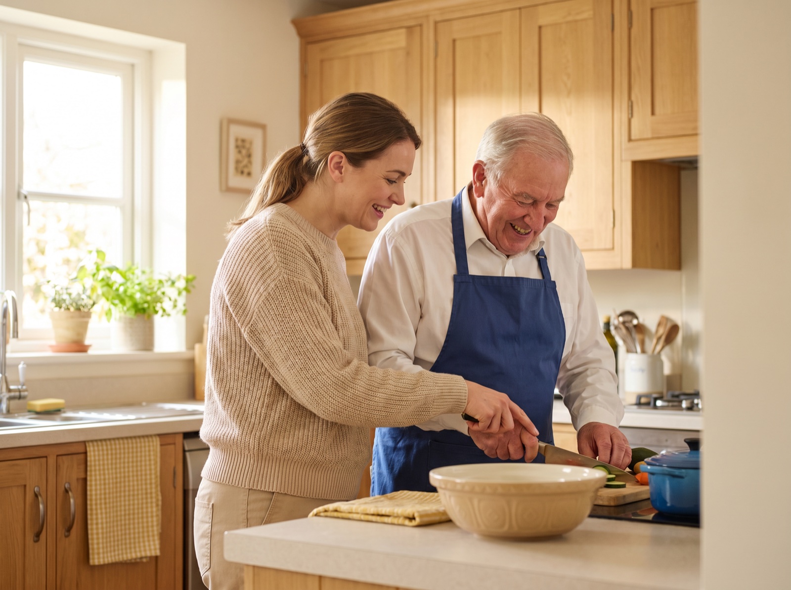 Betreuungskraft unterstützt einen Senior beim gemeinsamen Kochen
